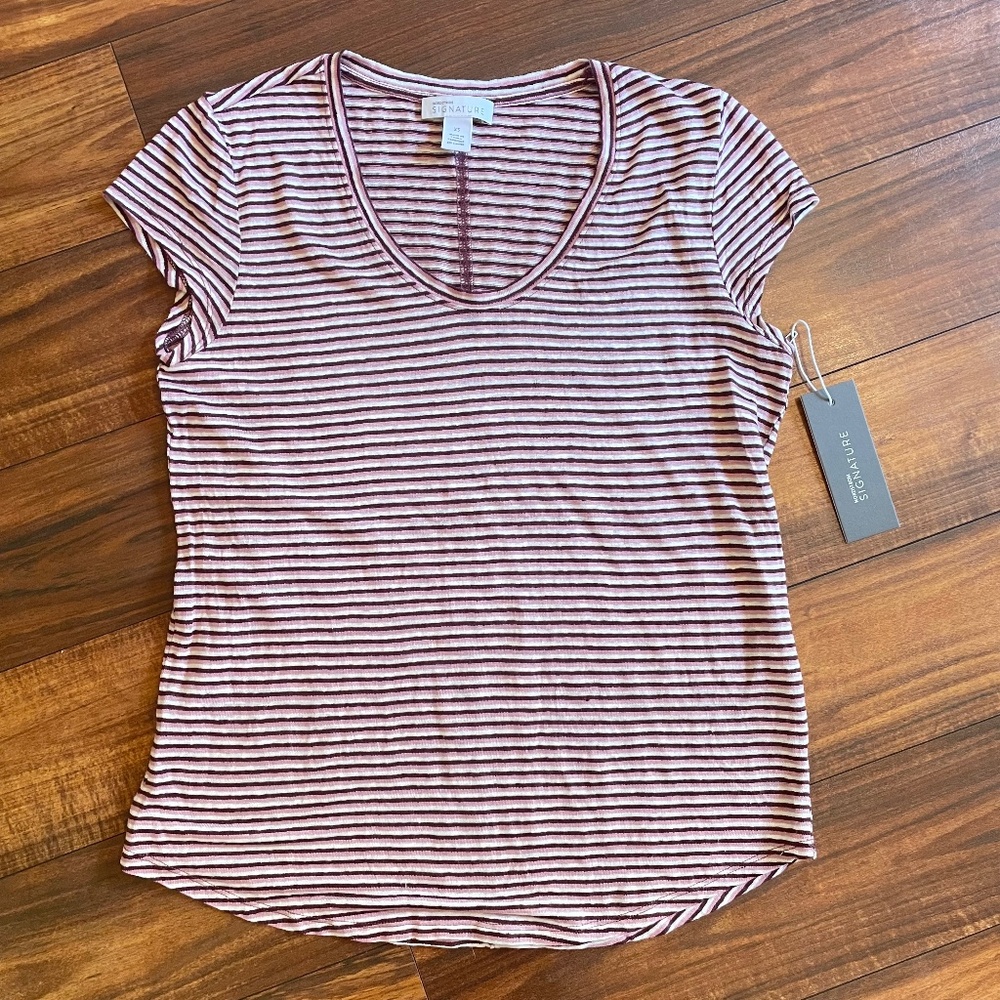 Nordstrom Signature 100% Linen Francesca Striped Top Burgundy Pink